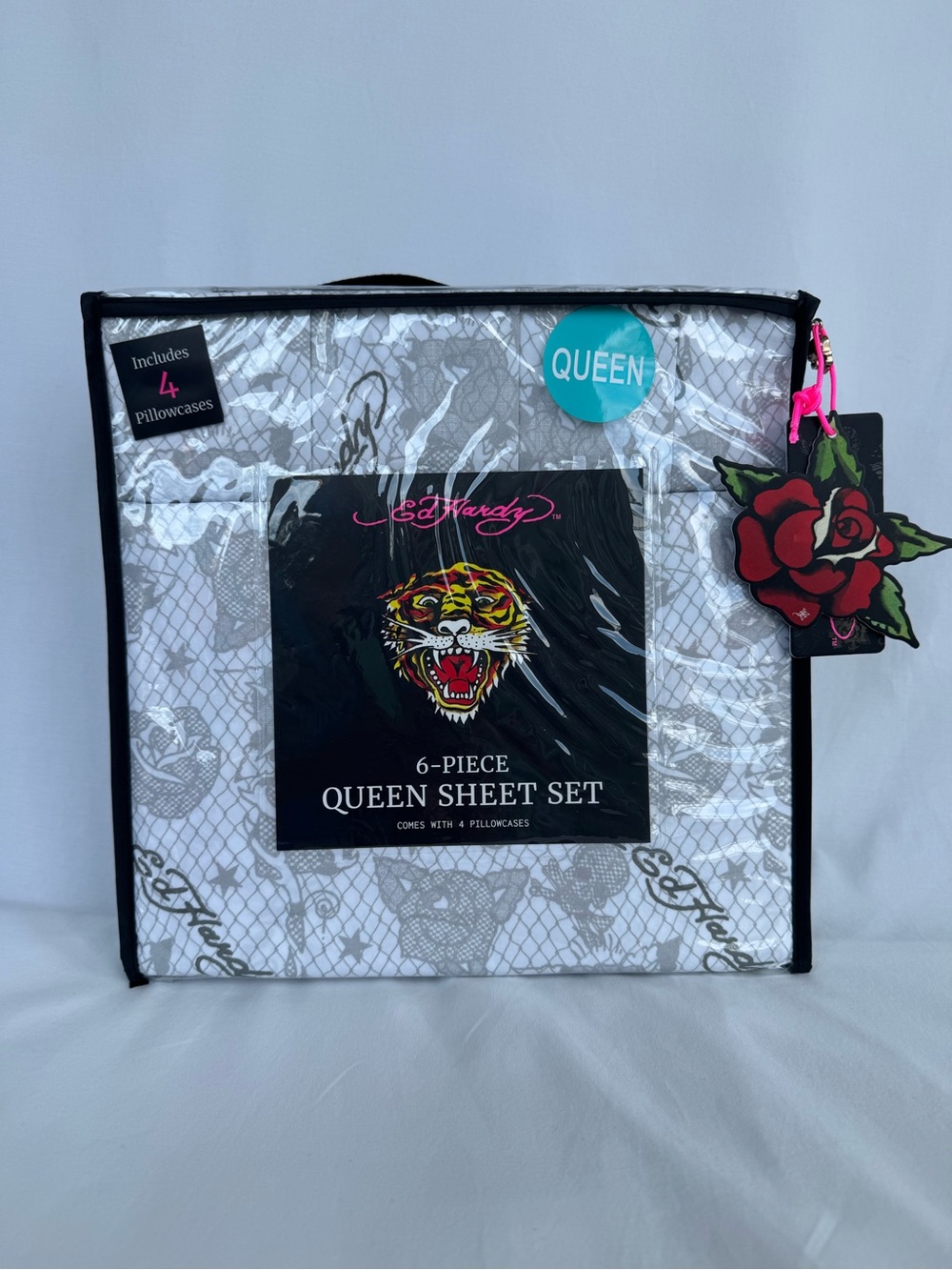 Ed Hardy 6-Piece Queen Sheet Set Gray White Tattoo Roses NWT